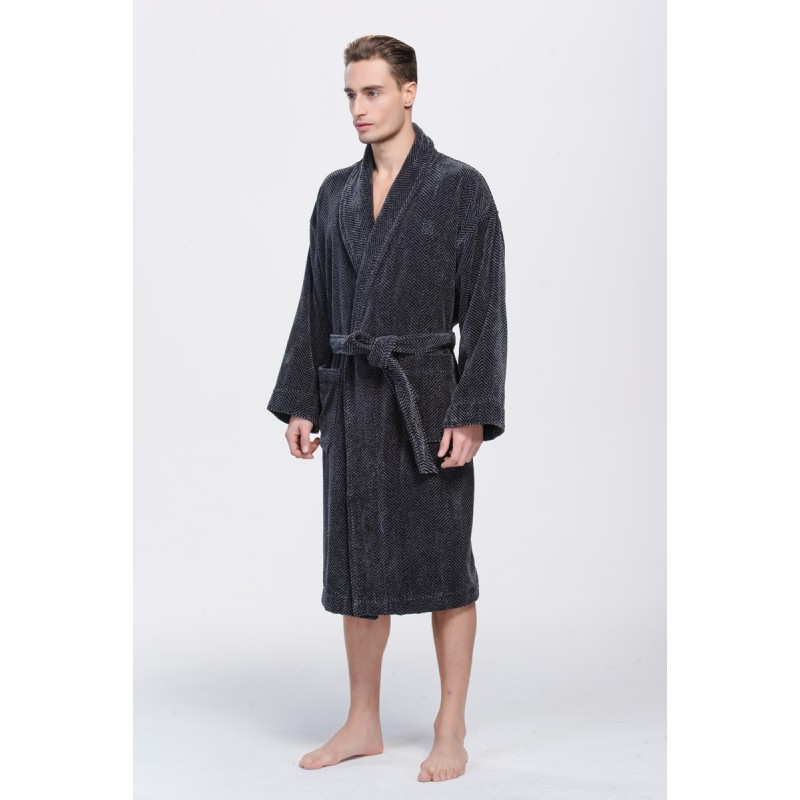 Hbt1016 All Cotton Terry Velour Bathrobe Dressing Gown Charcoal Herringbone 